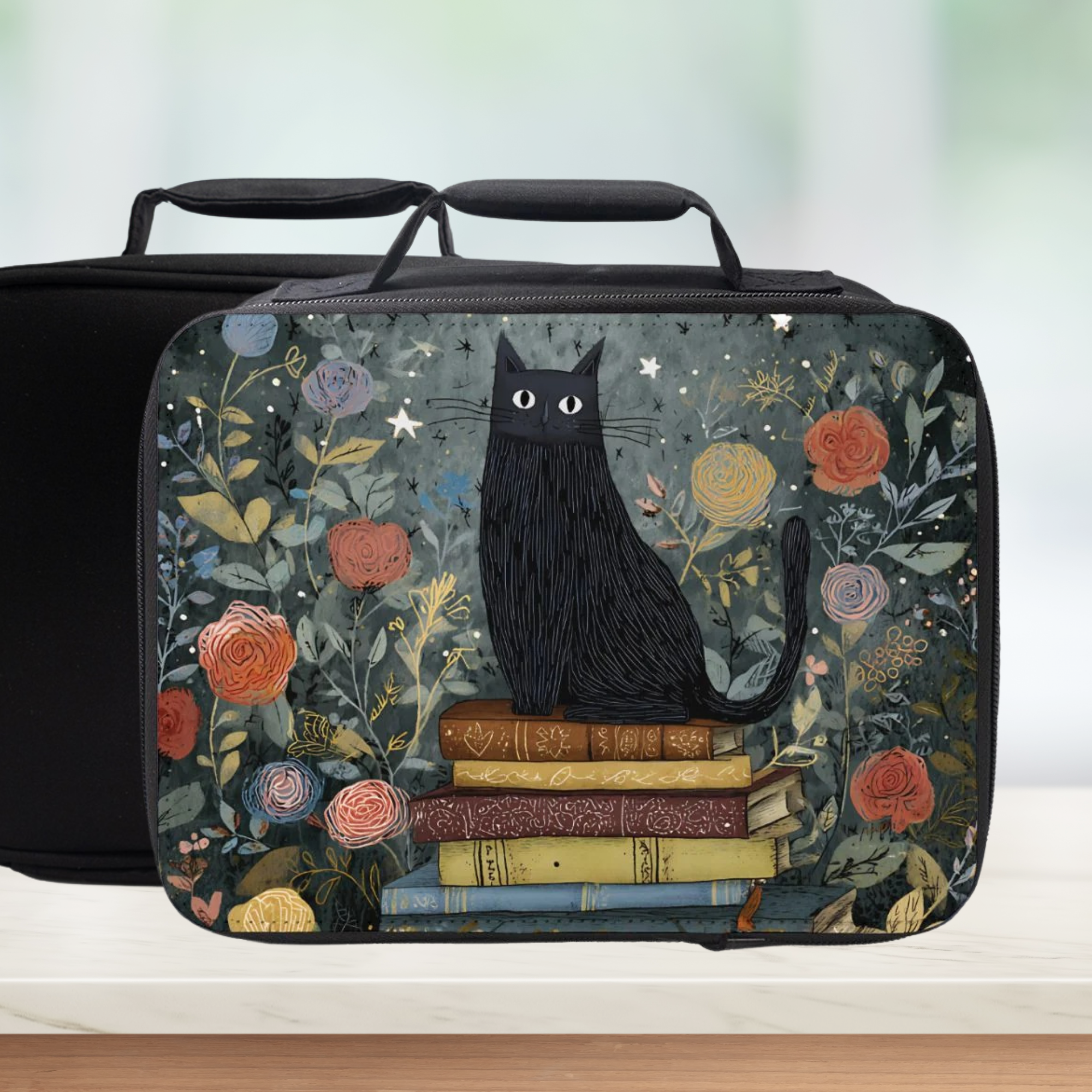 Lunch bag with a black cat and floral design on a wooden surface