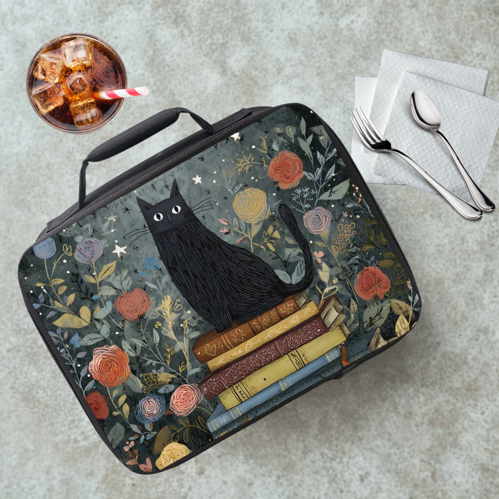 Lunch bag with black cat and book design on a gray table with a drink and utensils.