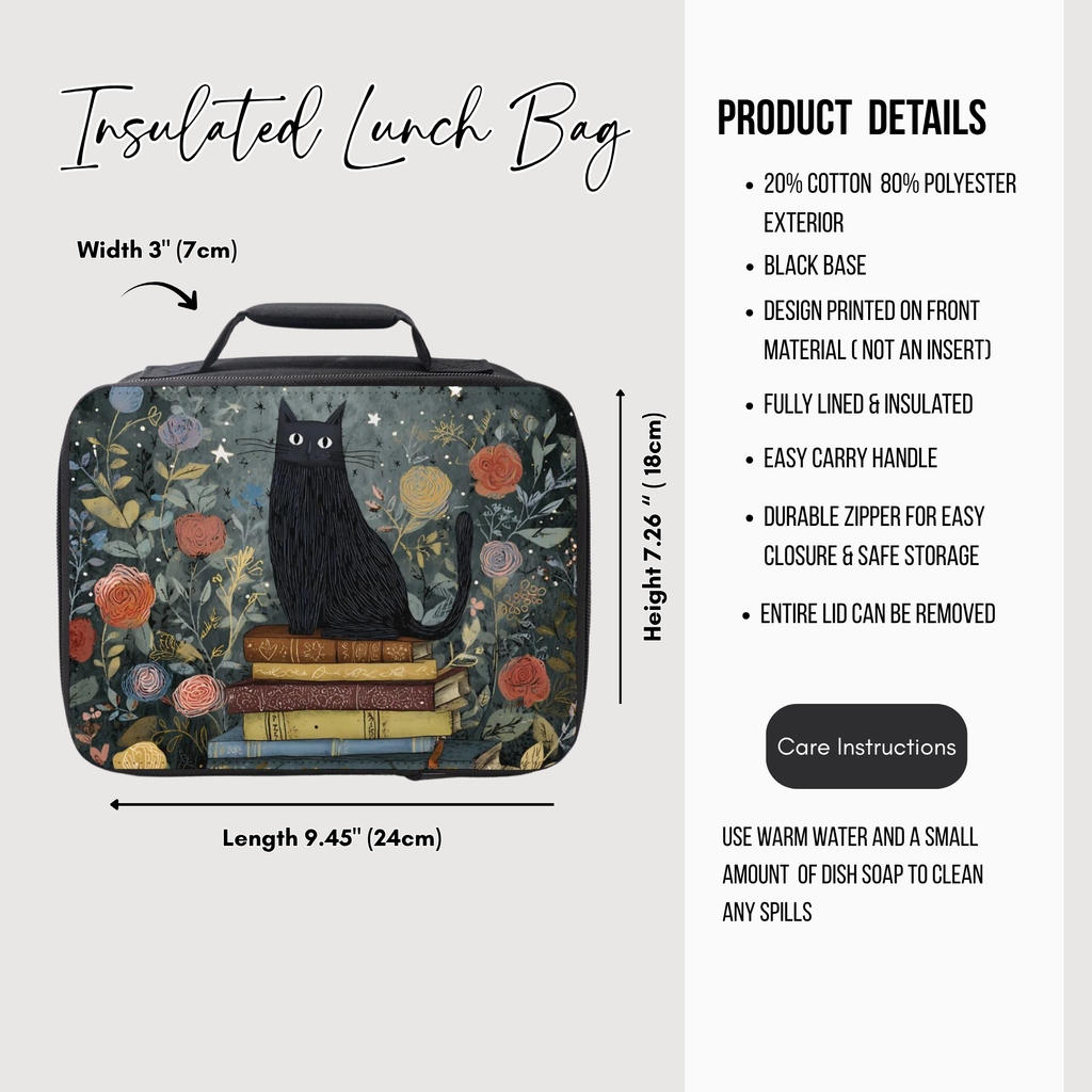 Insulated lunch bag with a black cat design on a white background