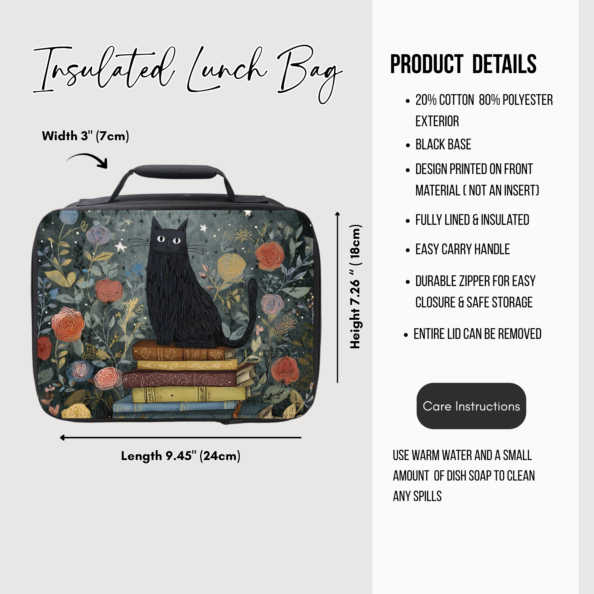 Insulated lunch bag with a black cat design on a white background