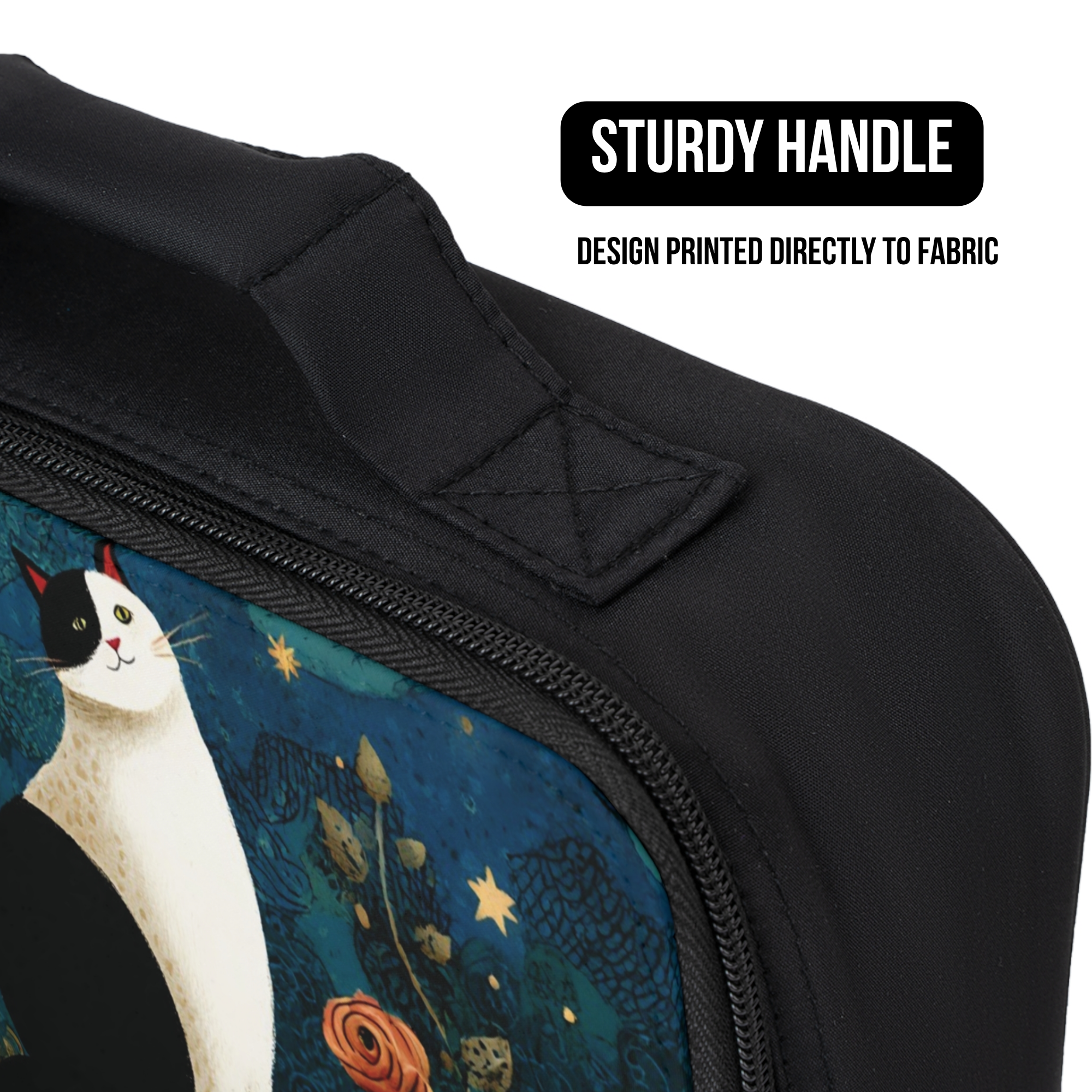 Black lunch bag with a cat design and 'Sturdy Handle' text on a white background