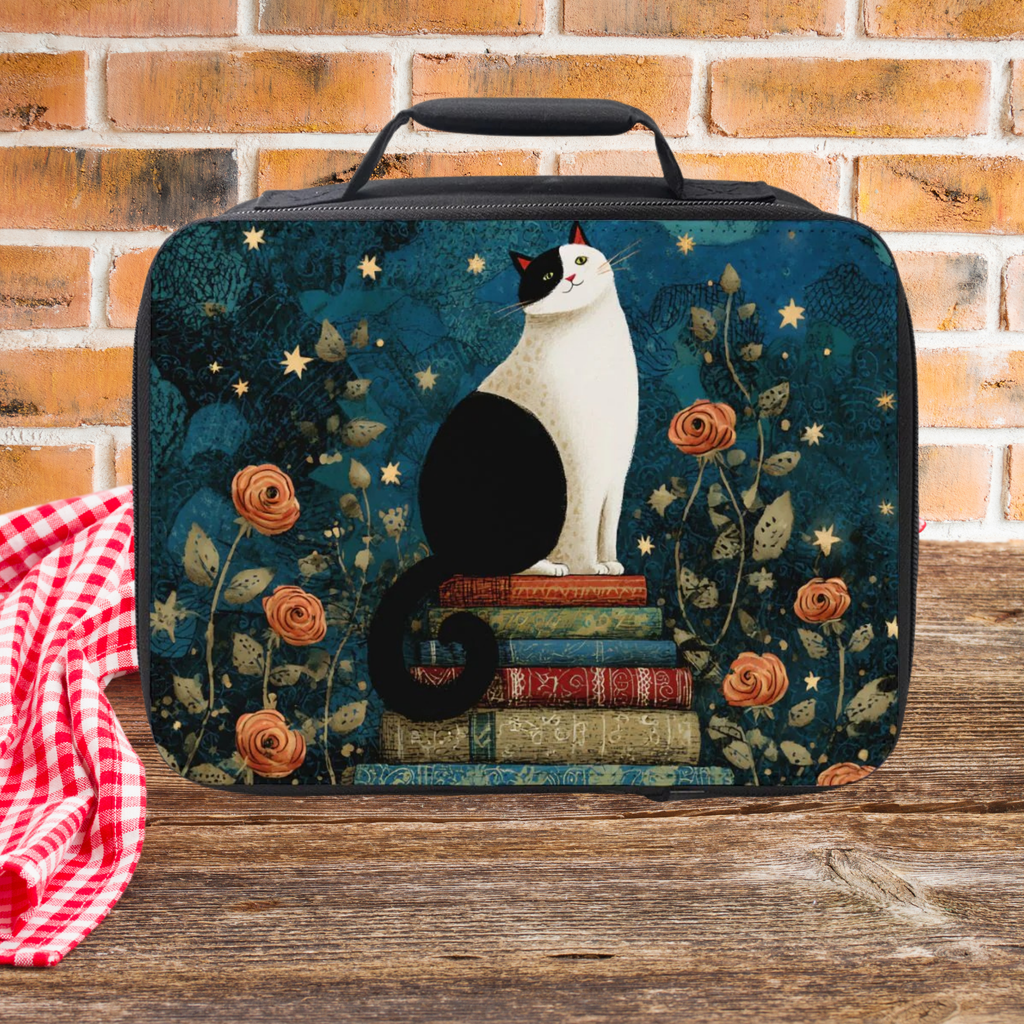 Lunch bag with a tuxedo cat design on a wooden picnic table and brick wall background