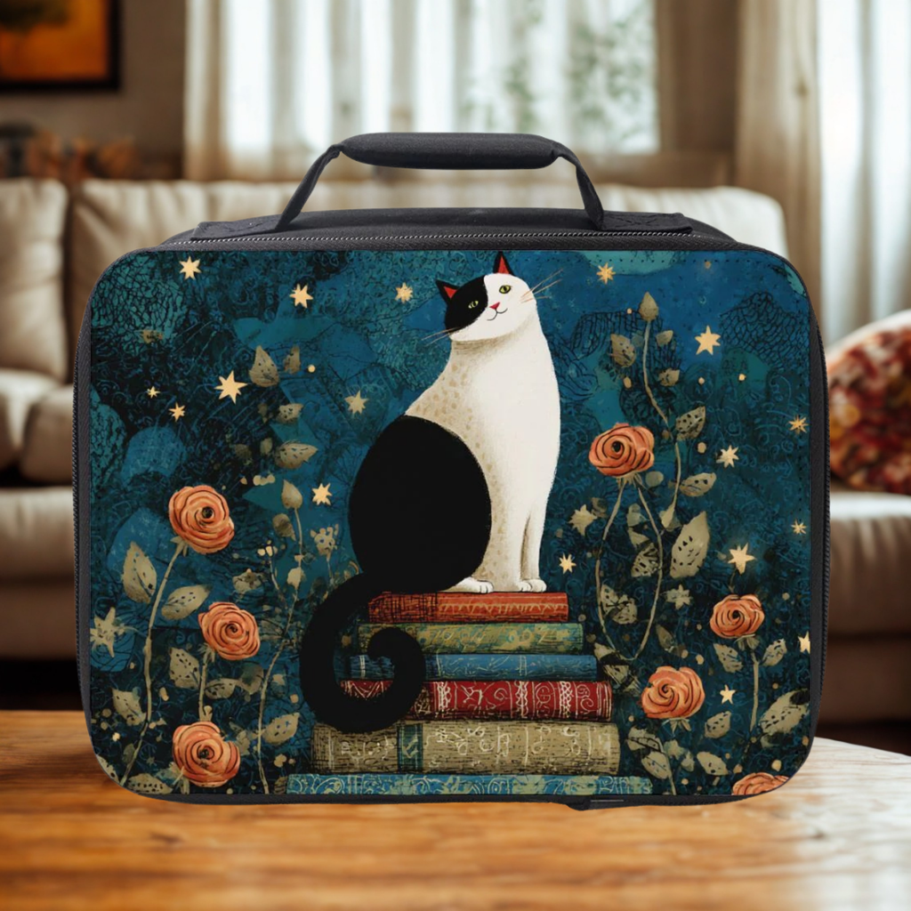  insulated lunch bag with a tuxedo cat and book design on a wooden living room table.