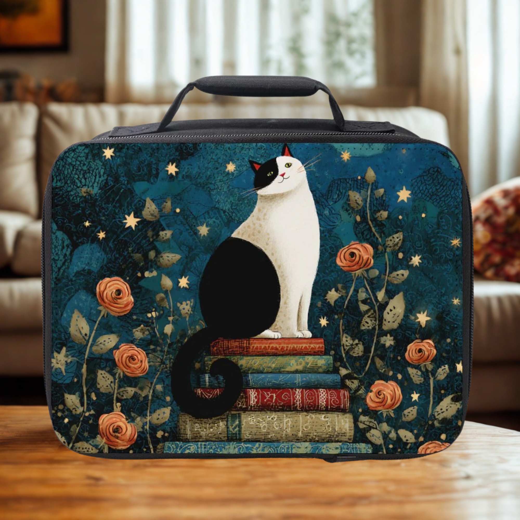  insulated lunch bag with a tuxedo cat and book design on a wooden living room table.