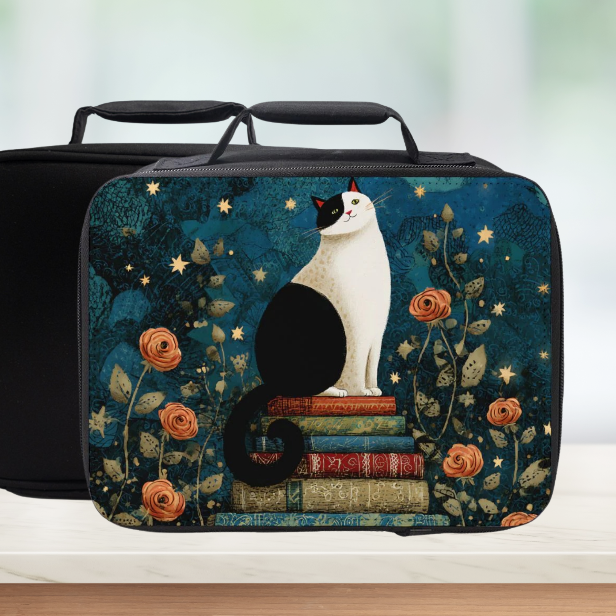 Insulated lunch bag with a cat design on a blue background