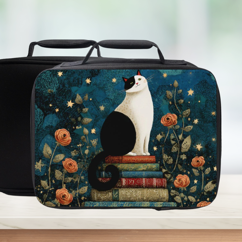 Insulated lunch bag with a cat design on a blue background