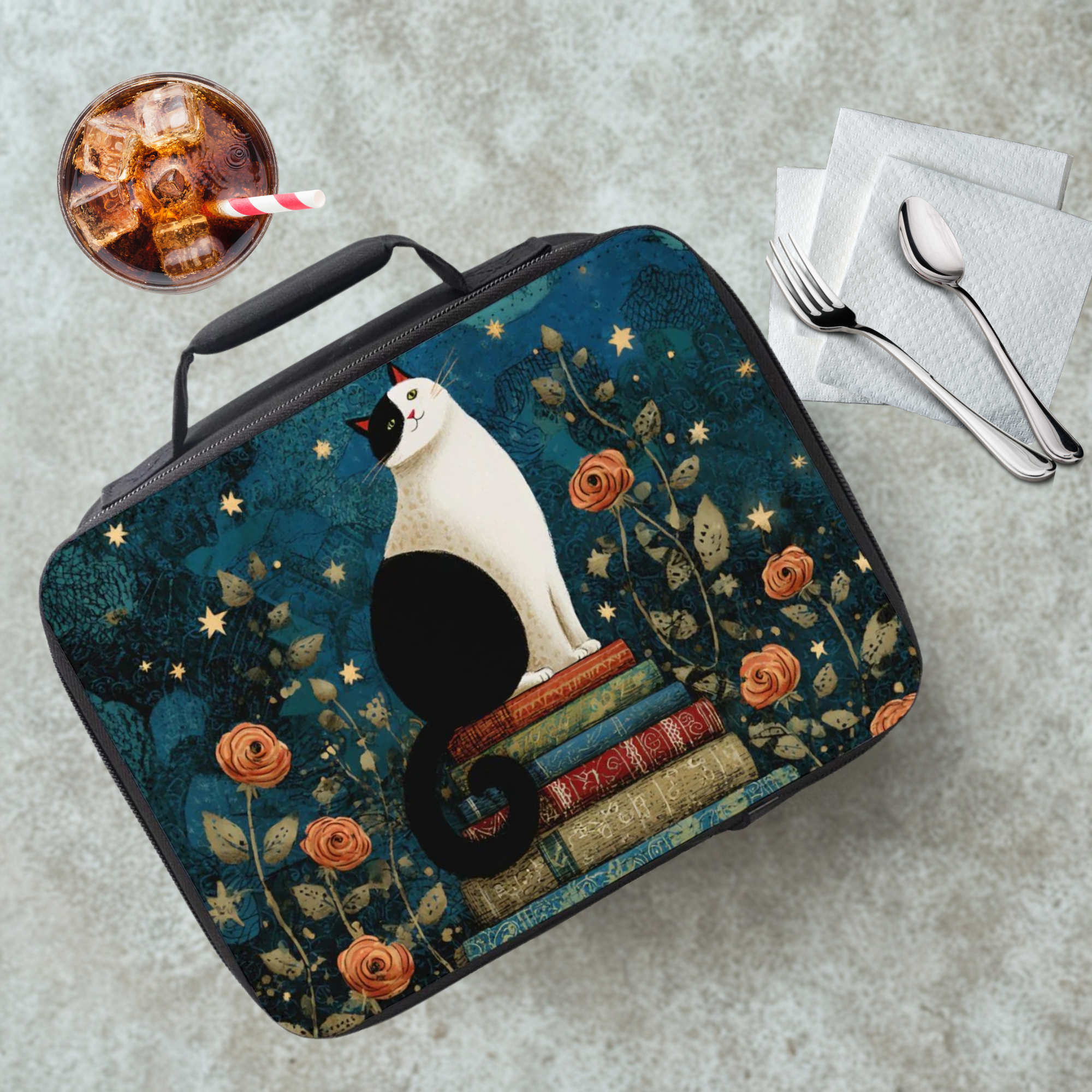 Lunch bag with cat design on a table with a drink and utensils