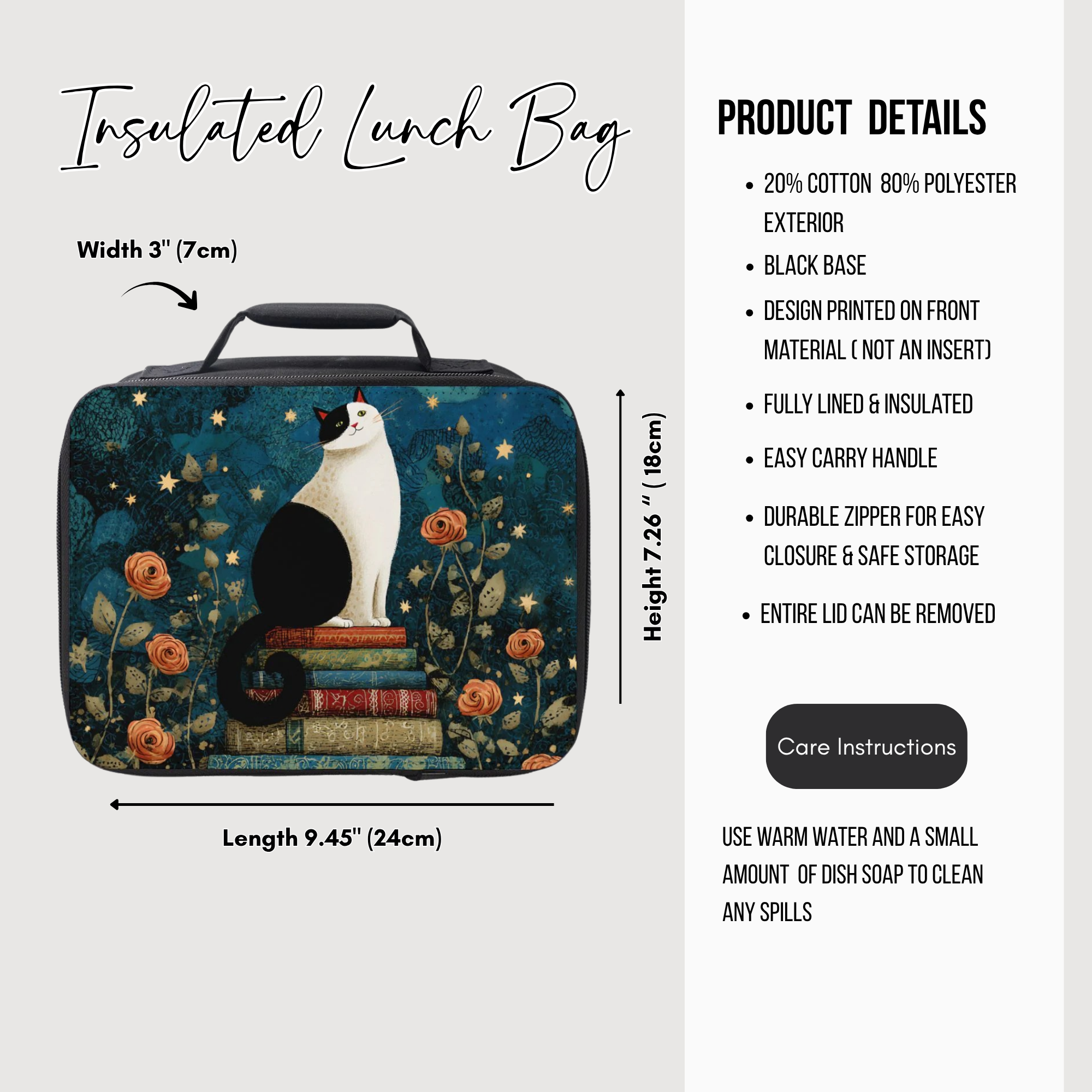 Insulated lunch bag with a tuxedo cat design and product details on a white background