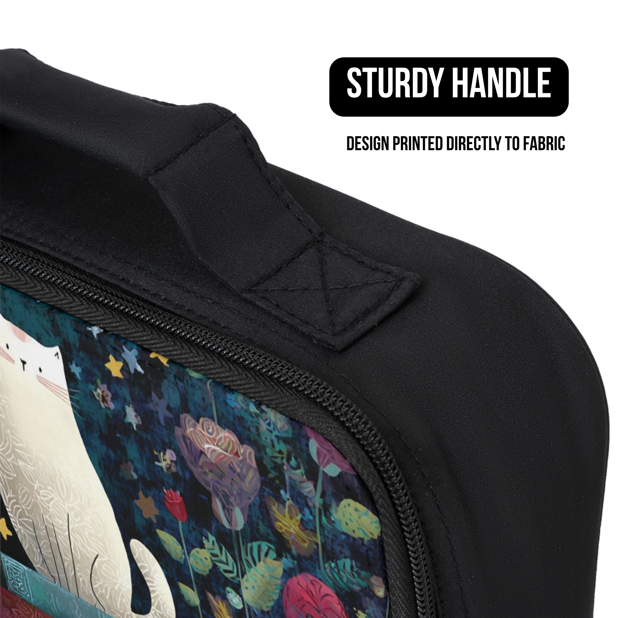 Black lunch bag with a colorful design of a cat and flowers, featuring a sturdy handle.