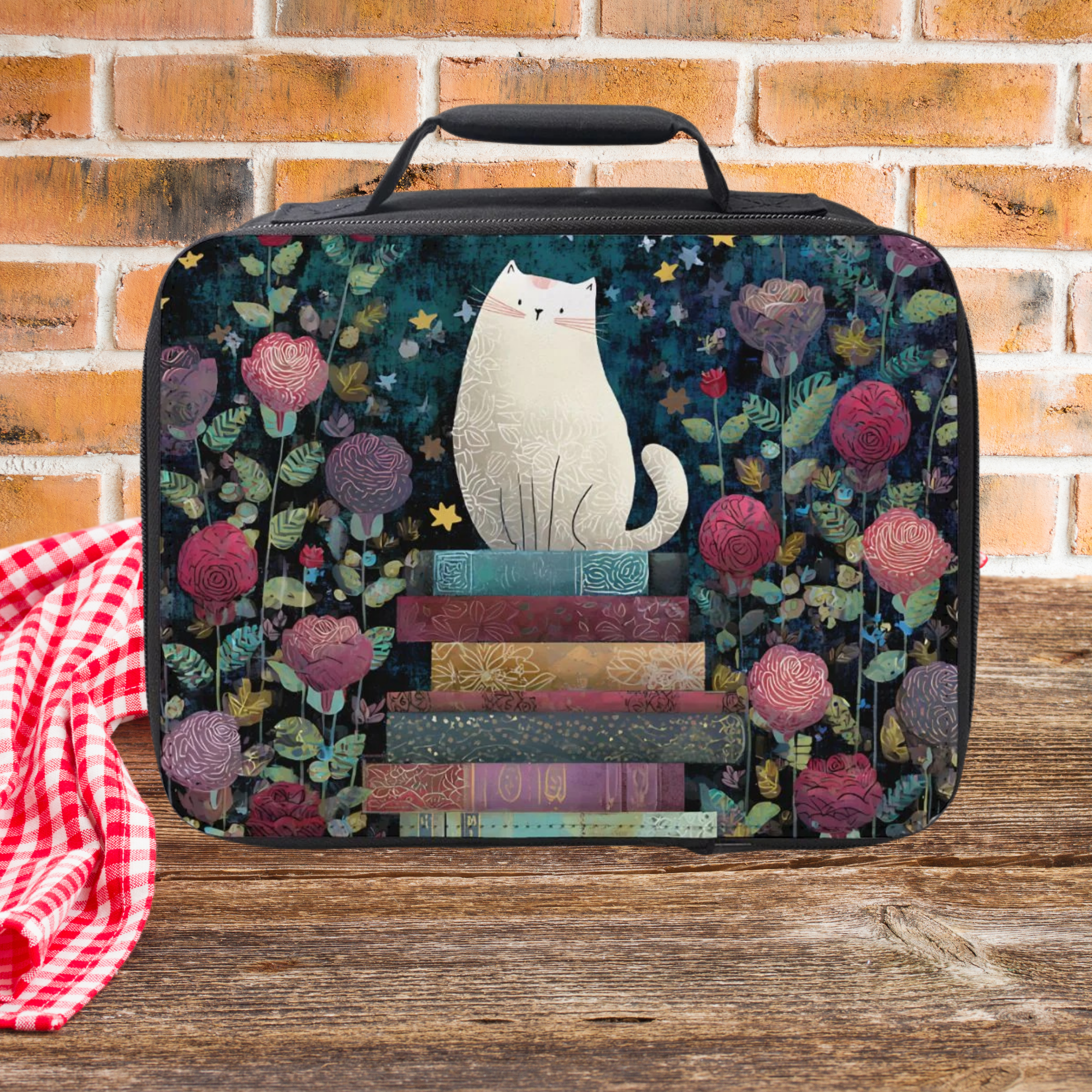 Lunch bag with a white cat design on a wooden picnic table and brick wall background