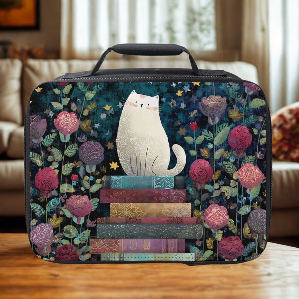  insulated lunch bag with a white cat and book design on a wooden table in a cozy living room.