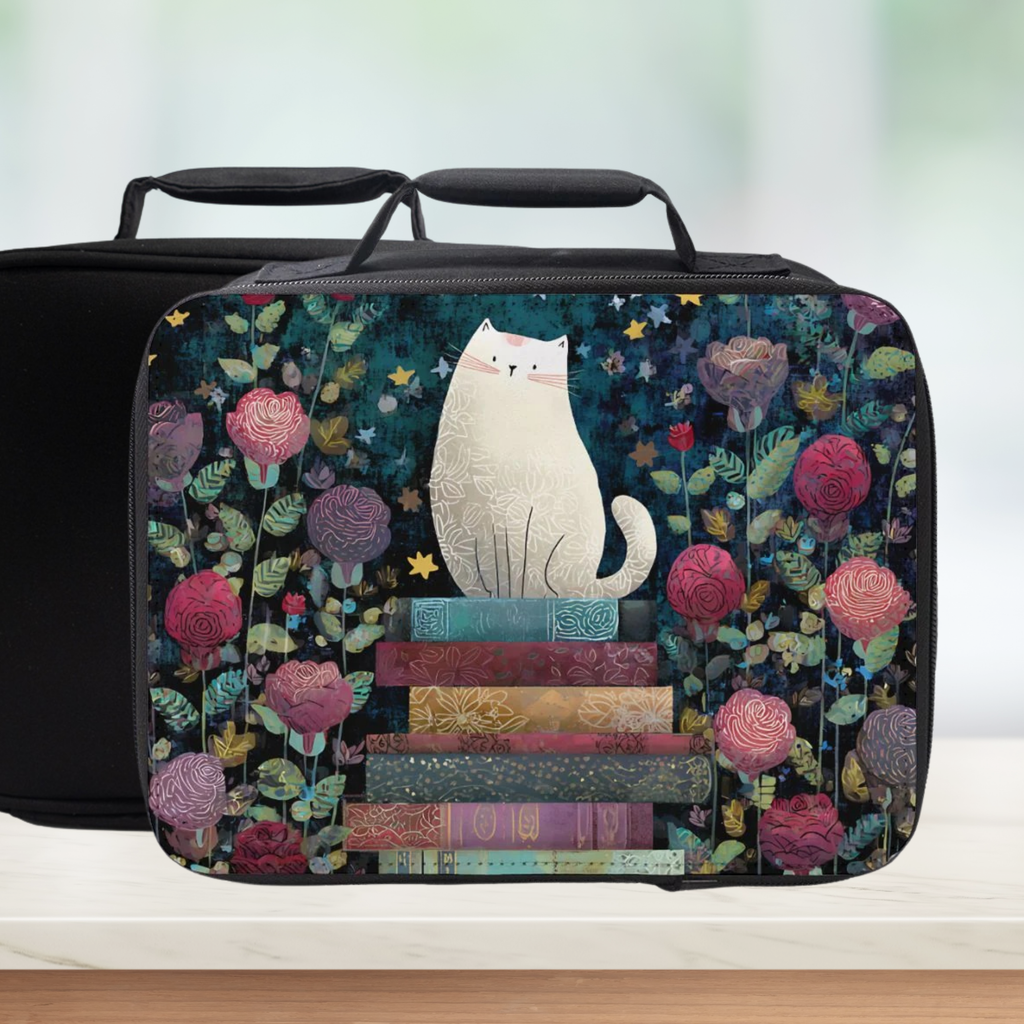 Insulated lunch bag with a white cat and floral book design on a wooden surface with a blurred green background.