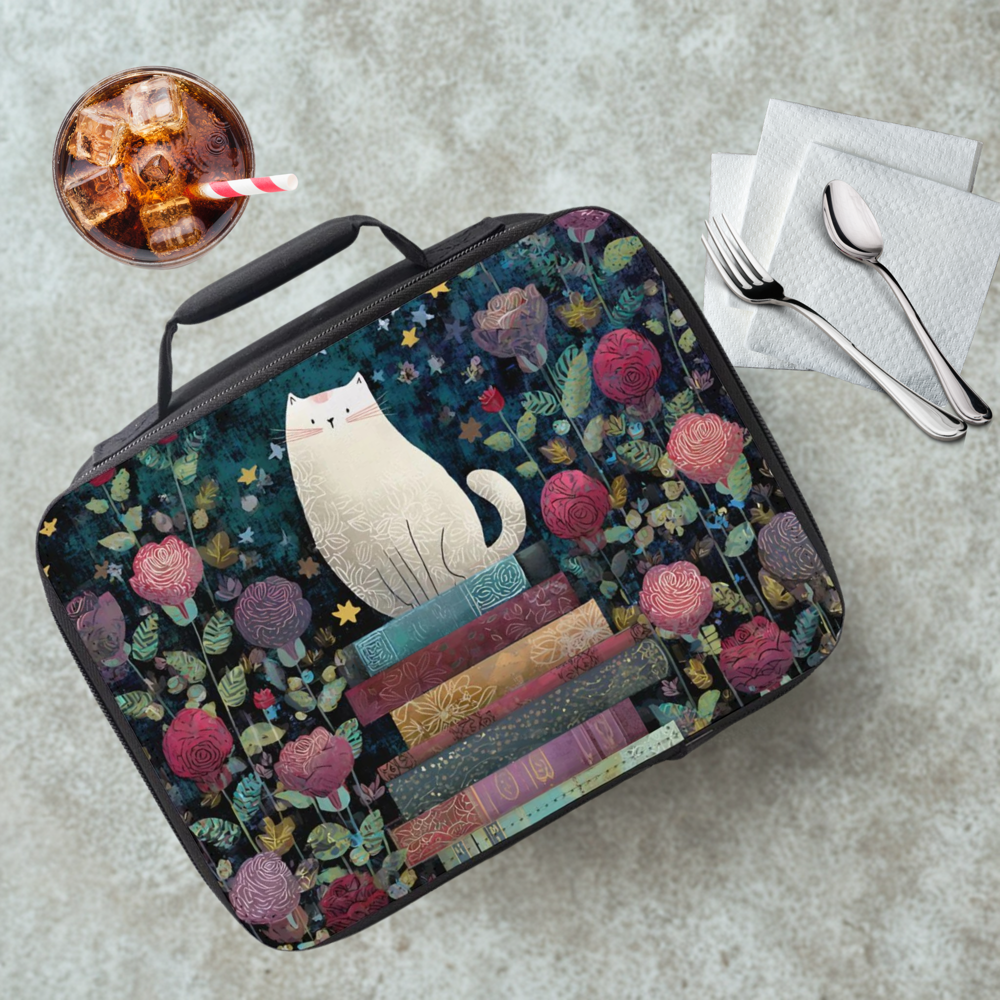 Lunch bag with white cat and books design on a table with a drink and utensils.