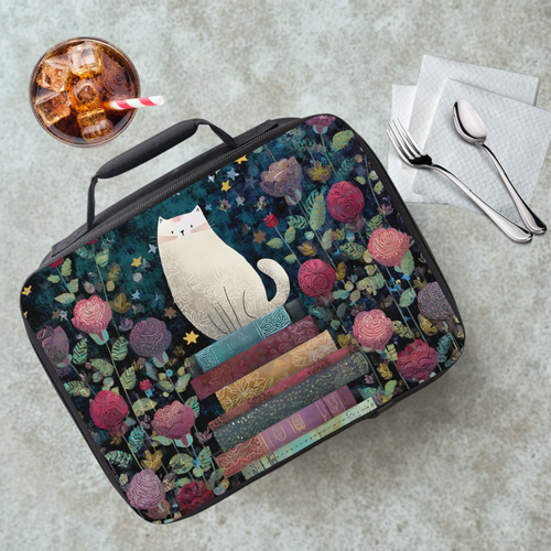 Lunch bag with white cat and books design on a table with a drink and utensils.