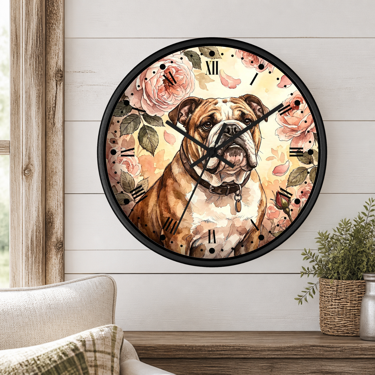 A round wall clock with a black frame and a printed illustration of a bulldog surrounded by pink roses and floral details, mounted on a white shiplap wall above a wooden mantel with a plant and part of a sofa visible.