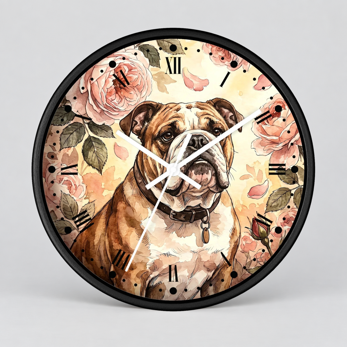 A round wall clock with a black frame featuring a watercolor-style illustration of an English bulldog surrounded by pink roses and green leaves, with black Roman numerals and white clock hands on a light gray background.