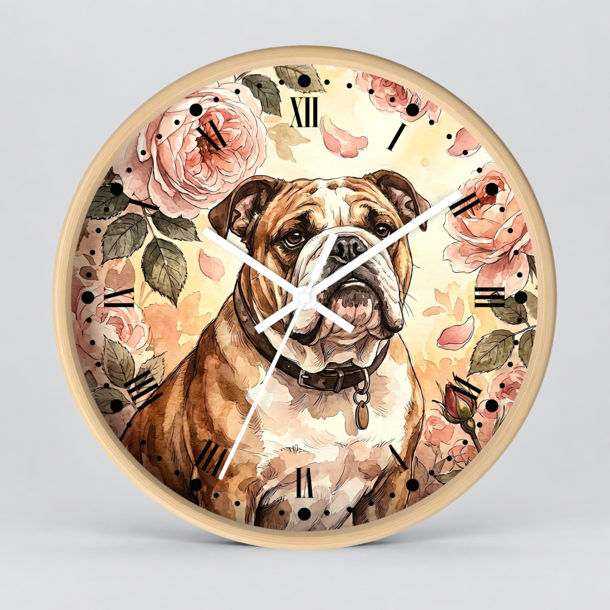 Round wall clock with a illustrated bulldog portrait, pink roses, black Roman numerals, and white clock hands on a light wood-toned frame, shown against a plain light gray background.