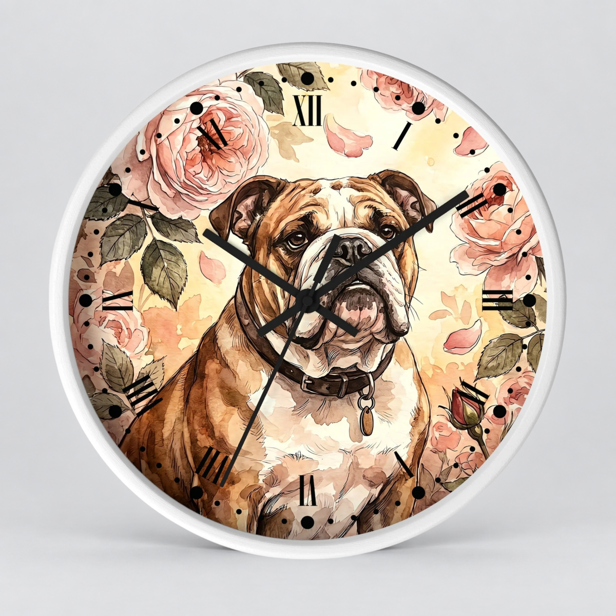 Round wall clock with a white frame featuring a watercolor-style illustration of an English bulldog surrounded by pink roses and green leaves, with black Roman numerals and clock hands on a light gray background.
