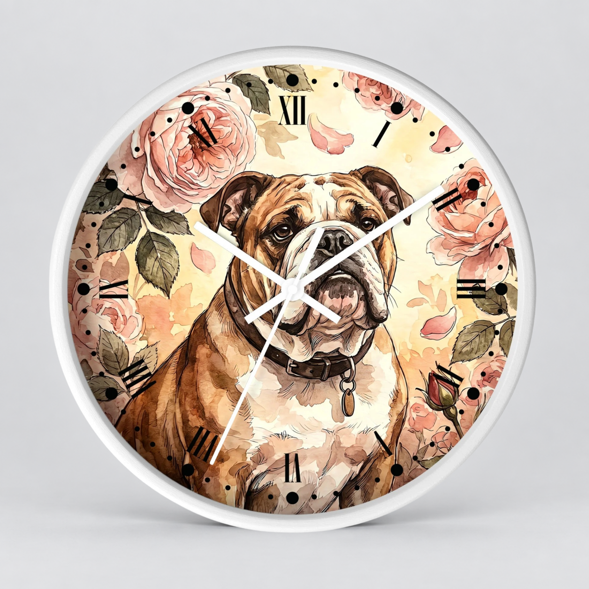 A round wall clock with a white frame and a printed illustration of a bulldog surrounded by pink roses and green leaves, with black Roman numerals and white clock hands, shown on a light gray background.