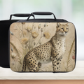 Lunch bag with cheetah design on a neutral background