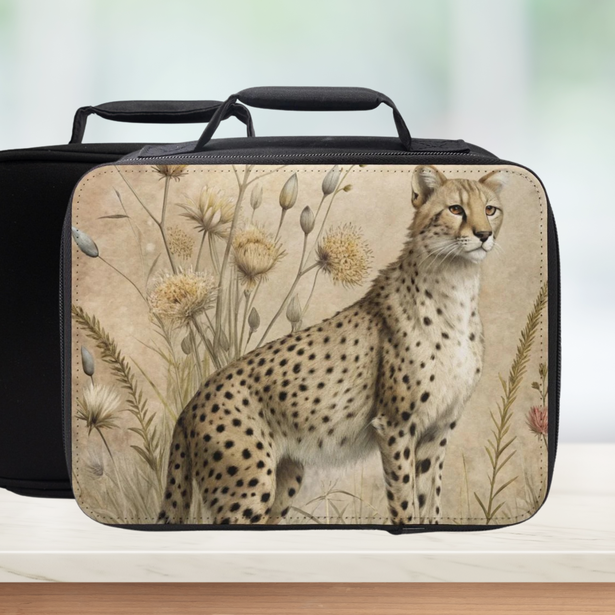 Lunch bag with cheetah design on a neutral background