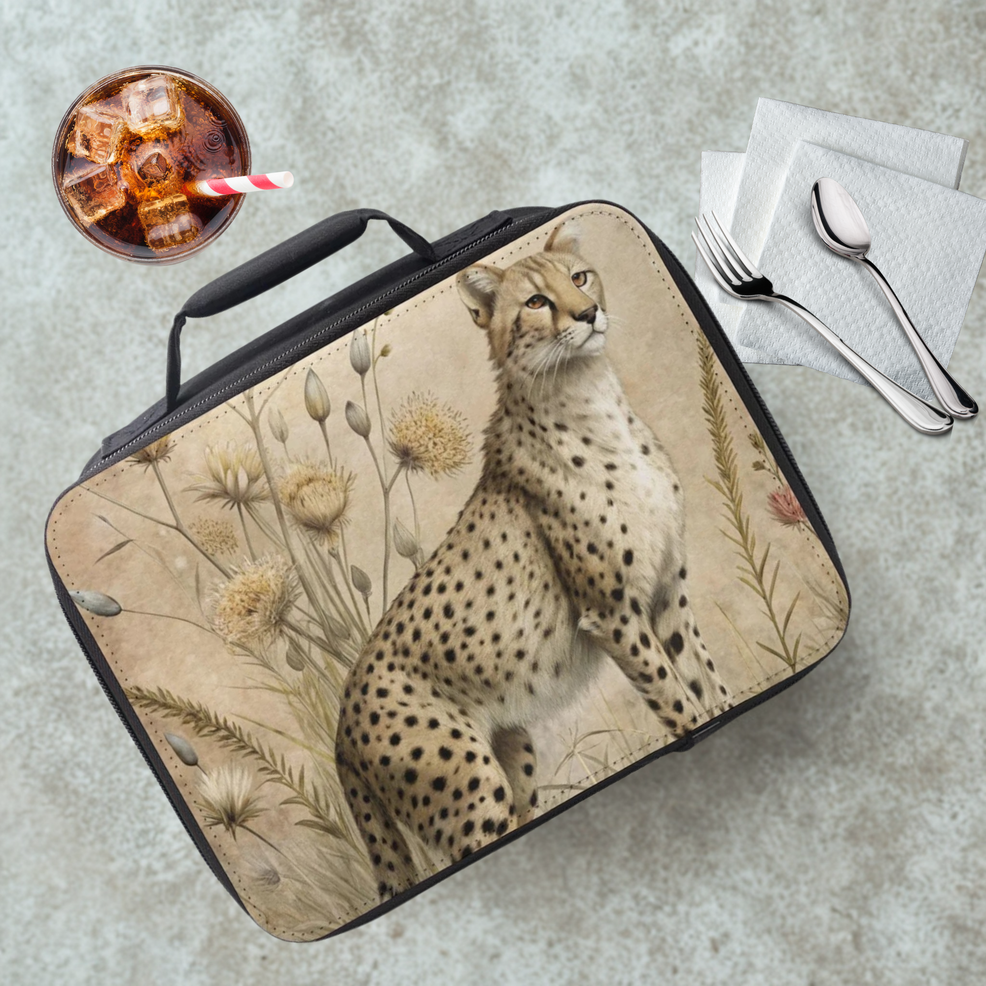 Lunch bag with cheetah design on a table with a drink and utensils.