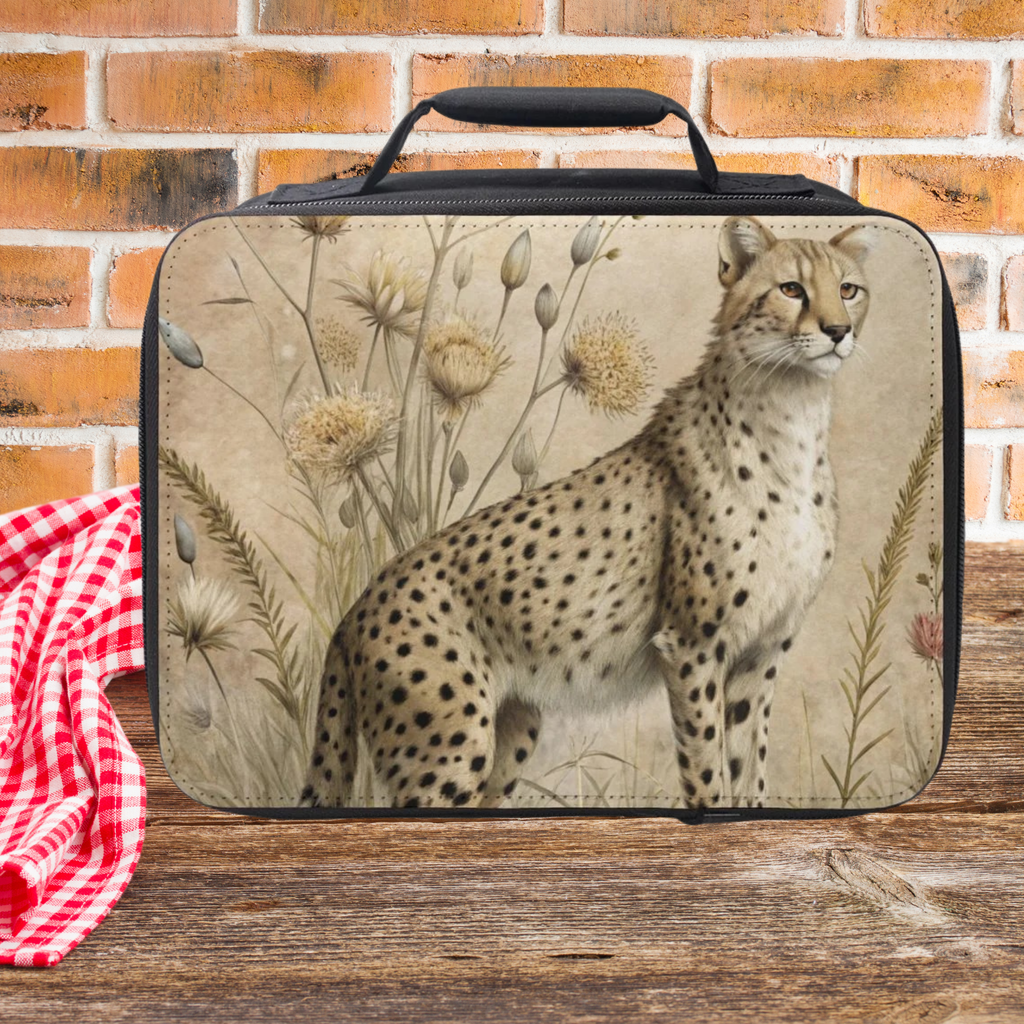 Lunch bag with cheetah design on a wooden surface and brick wall background