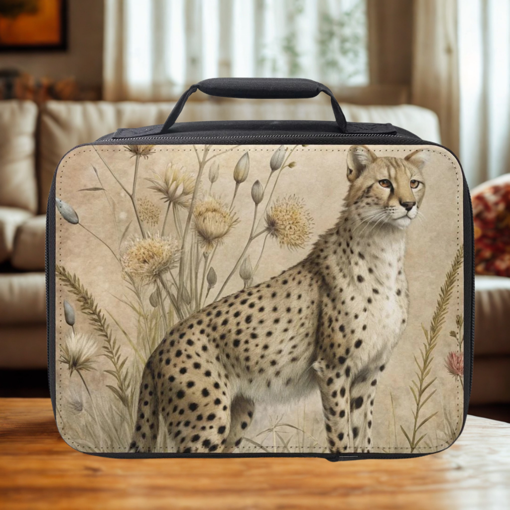  lunch box with cheetah design on a wooden table in a cozy living room