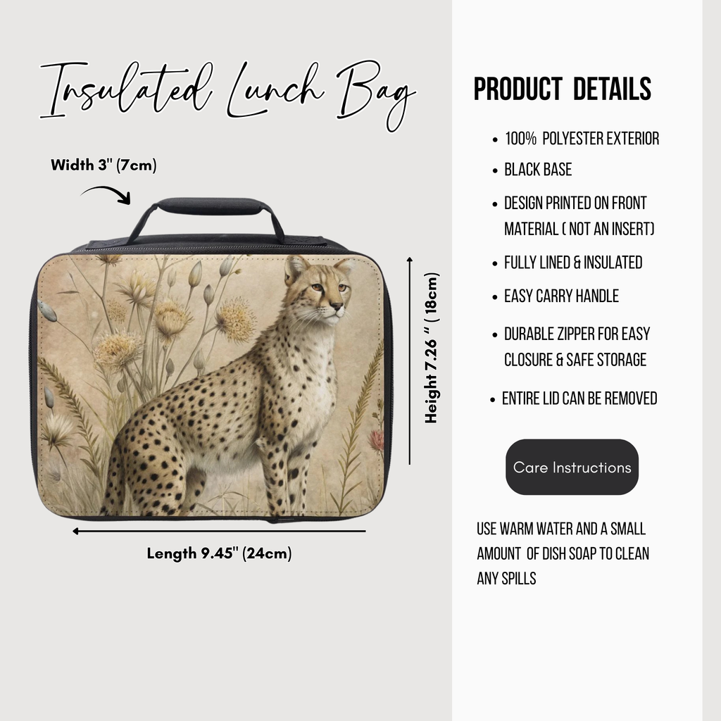 Insulated lunch bag with cheetah design and product details on a white background