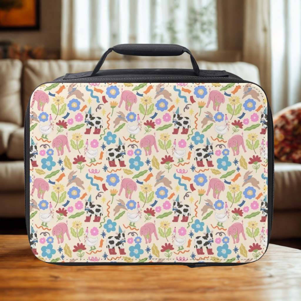Colorful animal patterned lunch bag on a wooden living room table with a blurred indoor background