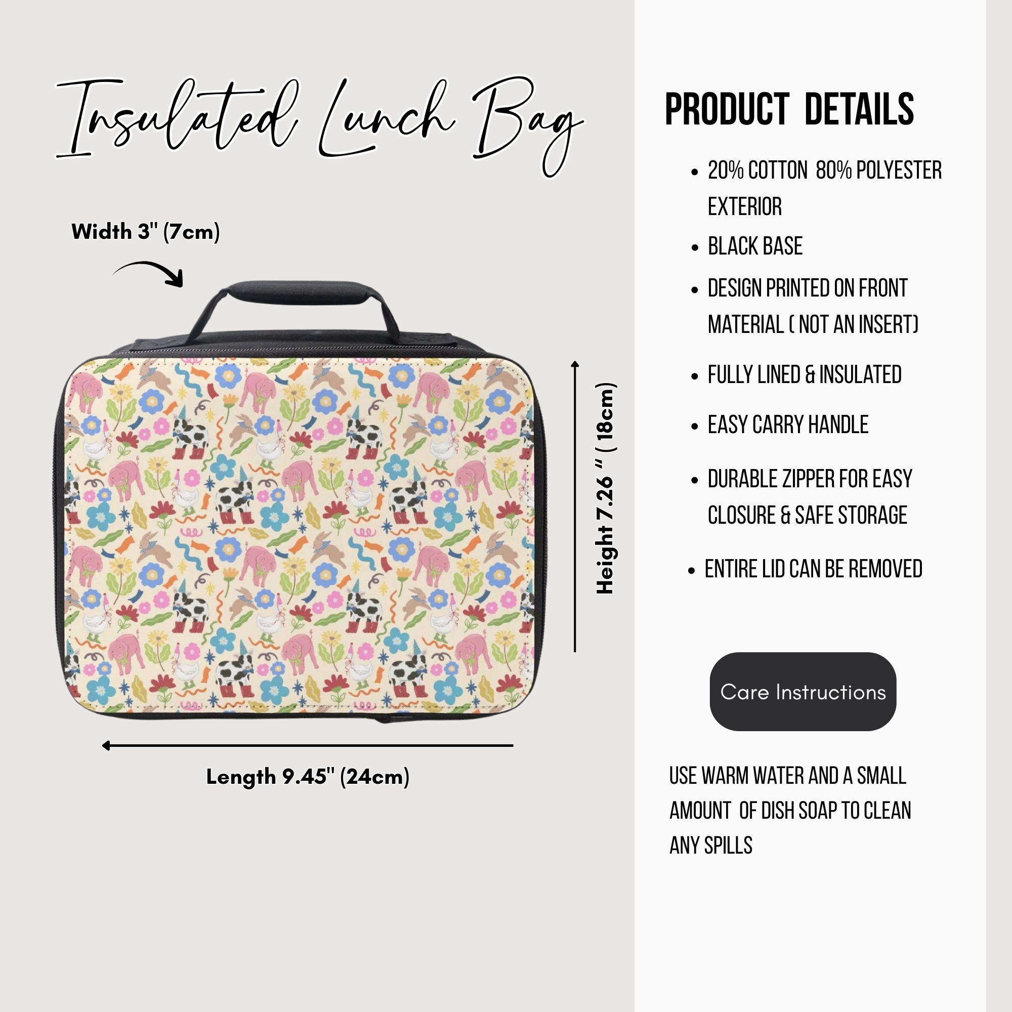 Insulated lunch bag with floral design and product details on a white background
