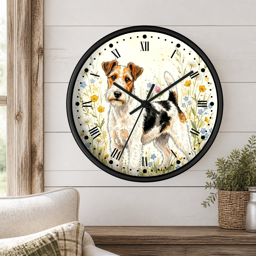 A round wall clock with a black frame and a printed illustration of a terrier dog surrounded by wildflowers, mounted on a white shiplap wall above a wooden table with a plant and part of a sofa visible.