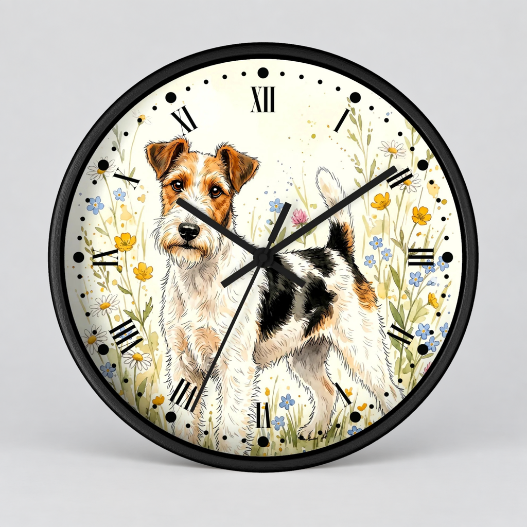 Round wall clock with a black frame and a printed illustration of a terrier dog standing in a flower field, with black Roman numerals and black clock hands on a light gray background.