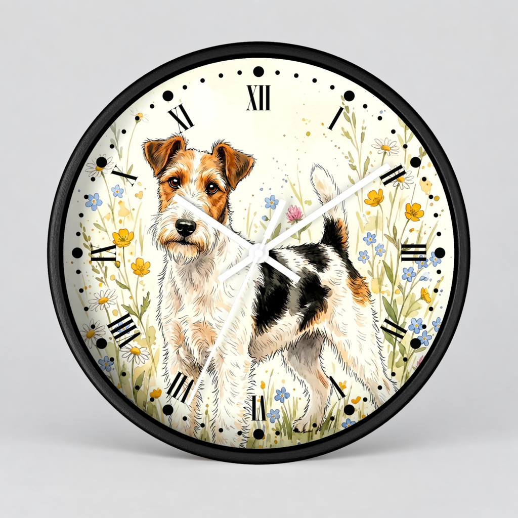 Round wall clock with a black frame and a printed illustration of a terrier dog surrounded by wildflowers on a light cream background, with black Roman numerals and white clock hands.