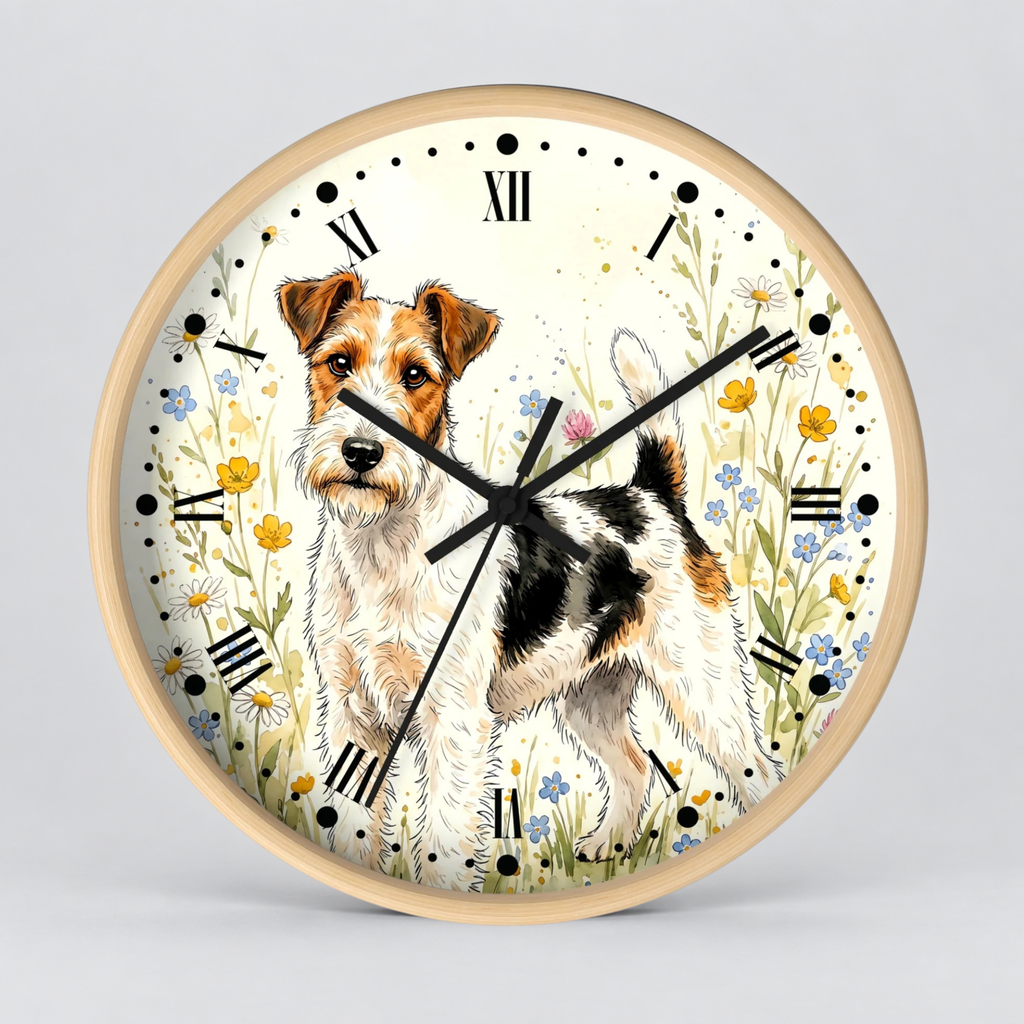 Round wall clock with a light wood frame and a printed illustration of a terrier dog standing among white flowers and green stems. The clock face is off-white with black Roman numerals and black clock hands, shown against a light gray studio background.