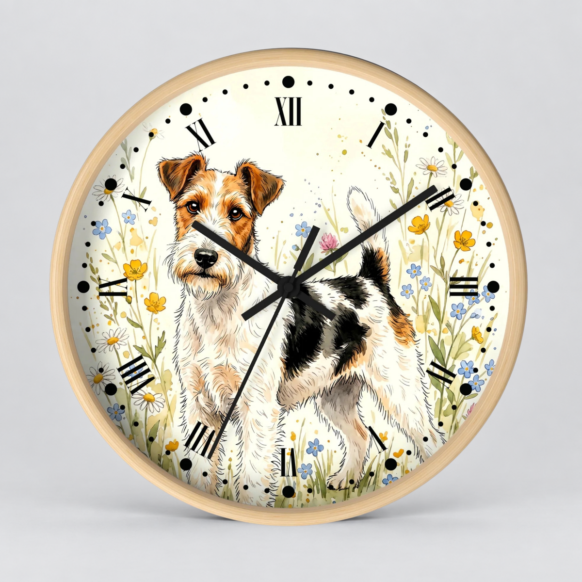 Round wall clock with a light wood frame and a printed illustration of a terrier dog standing among white flowers and green stems. The clock face is off-white with black Roman numerals and black clock hands, shown against a light gray studio background.