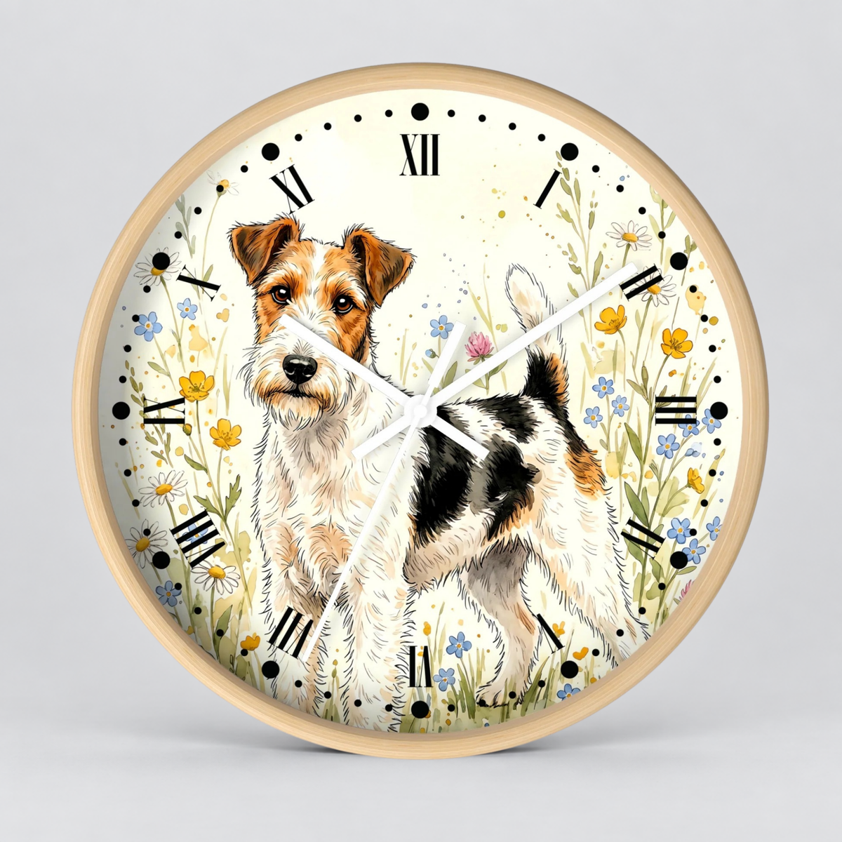 Round wall clock with a light wood frame and a printed illustration of a wirehaired dog standing among wildflowers on an off-white background, with black Roman numerals and hands.