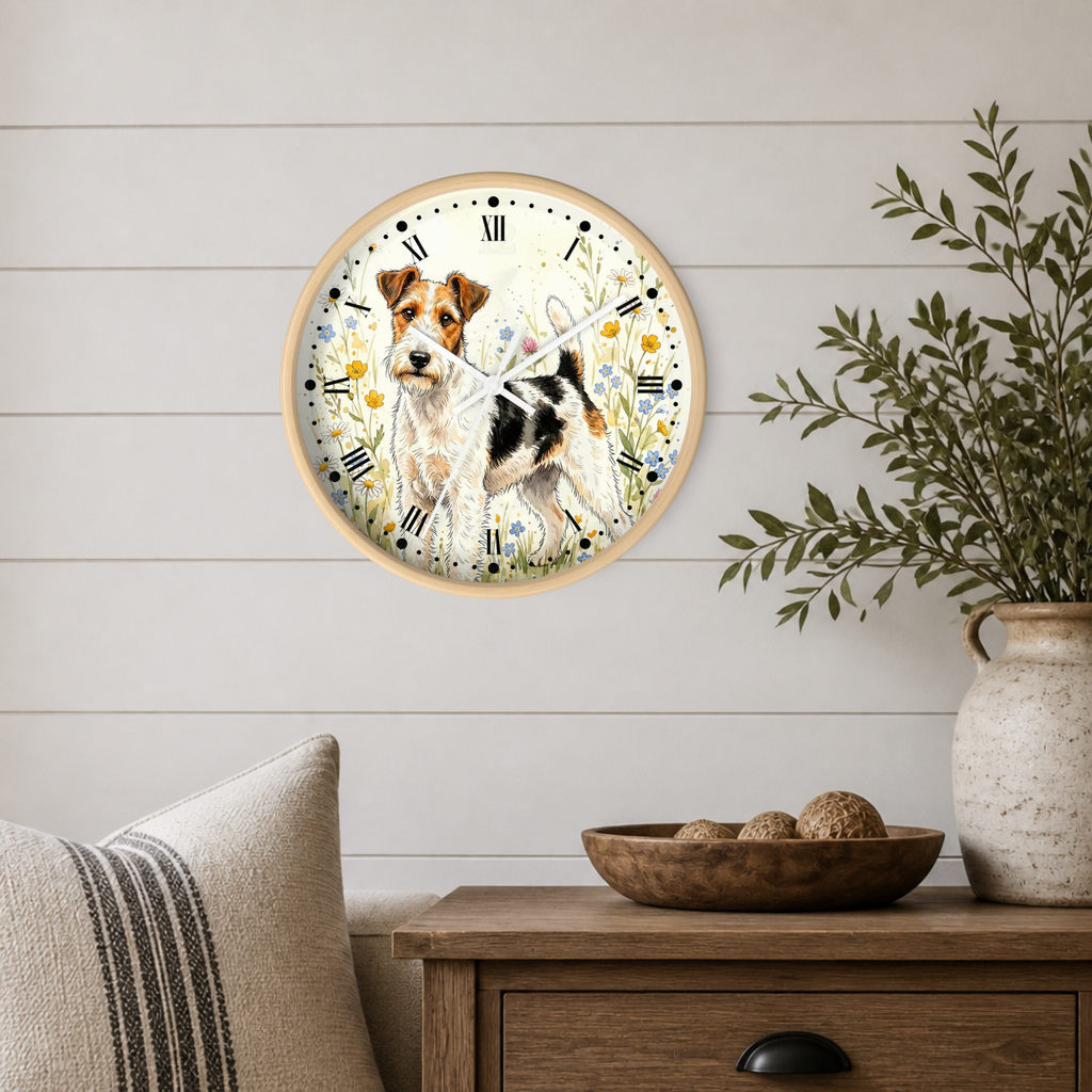 A round wall clock with a natural wood frame and a watercolor-style illustration of a terrier dog, mounted on a white shiplap wall above a wooden side table with a plant and decorative bowl.