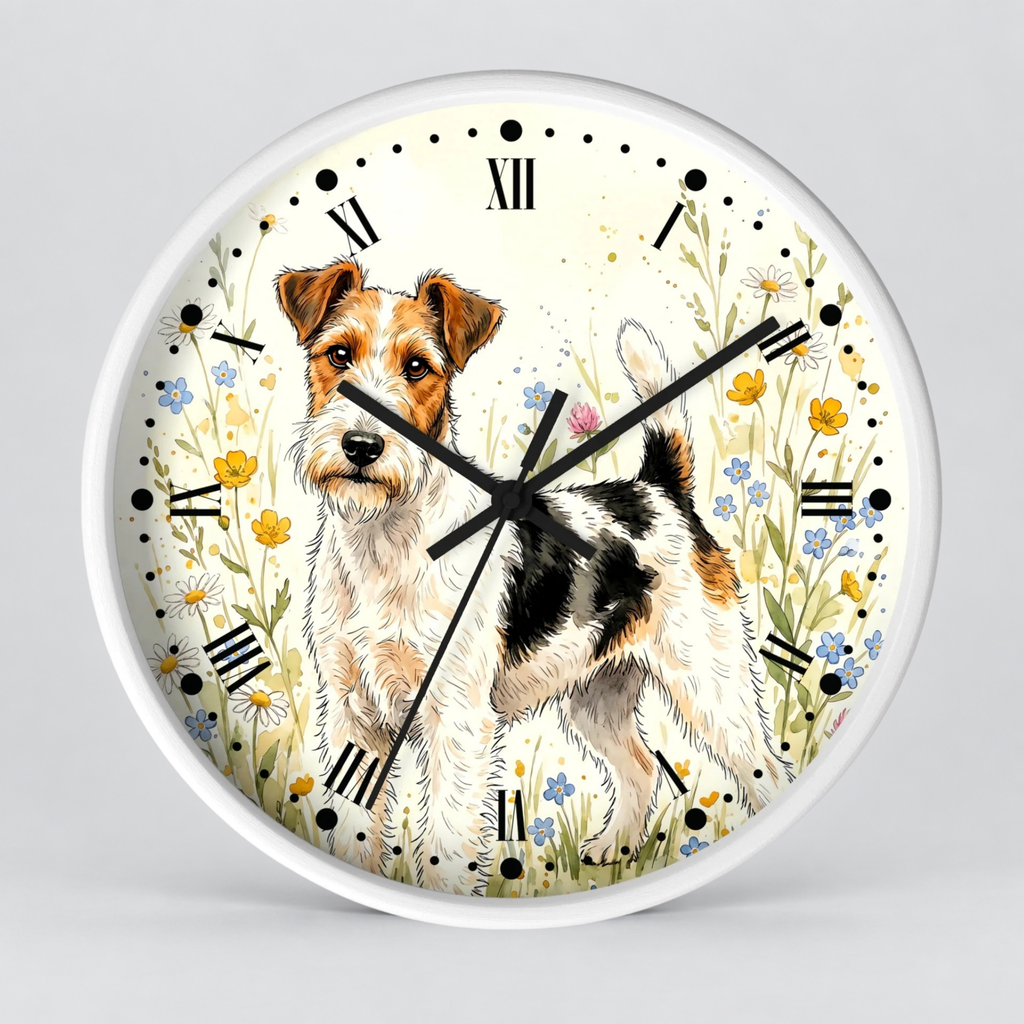 Round wall clock with a white frame and a printed illustration of a wirehaired dog standing among small flowers, with black Roman numerals and black clock hands on a light gray background.