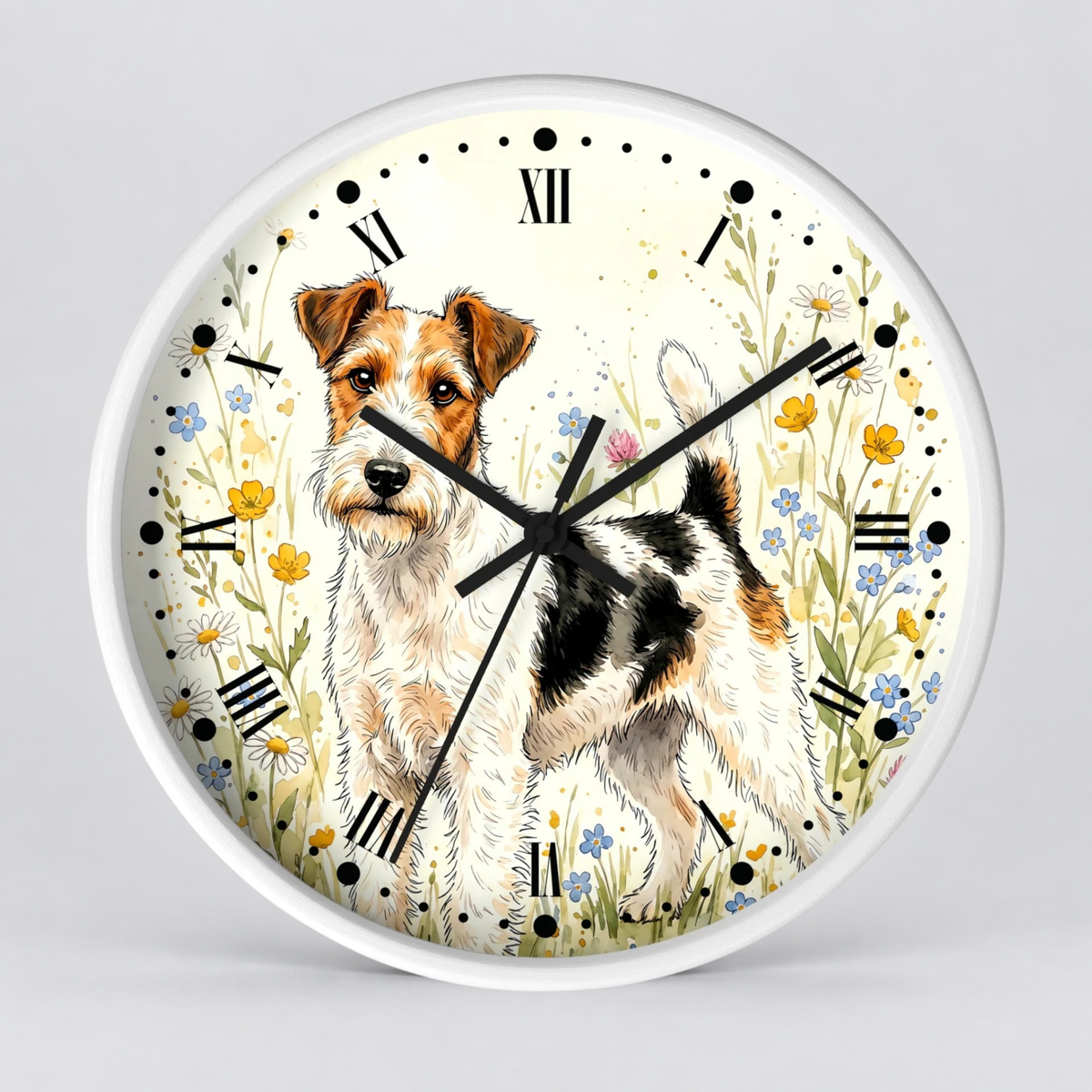Round wall clock with a white frame and a printed illustration of a wirehaired dog standing among small flowers, with black Roman numerals and black clock hands on a light gray background.