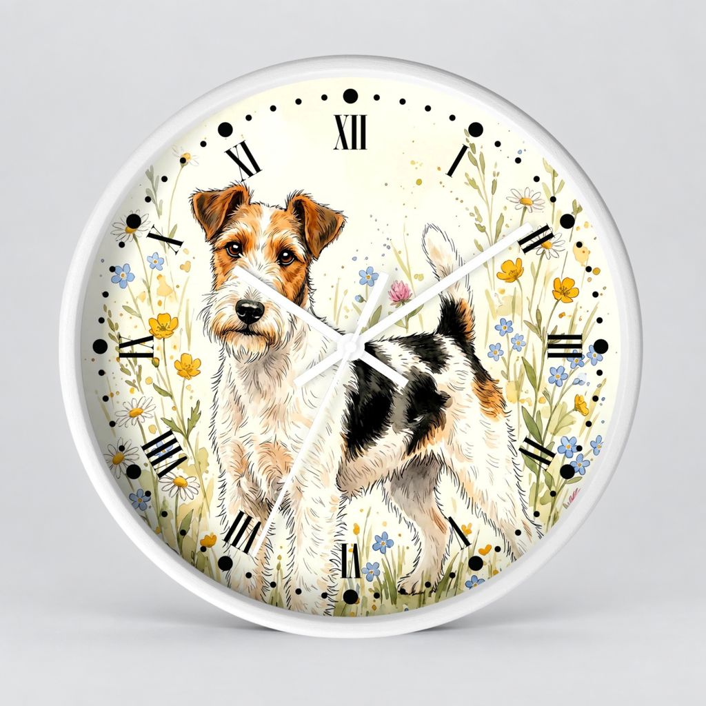 Round wall clock with a white frame and a printed illustration of a wirehaired dog standing among small flowers, with black Roman numerals and black dot hour markers on a light gray background.