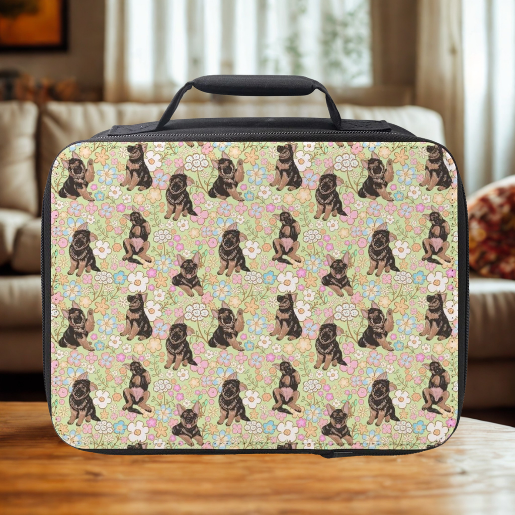 Rectangular lunch bag with dog pattern on a wooden coffee table in a cozy living room.