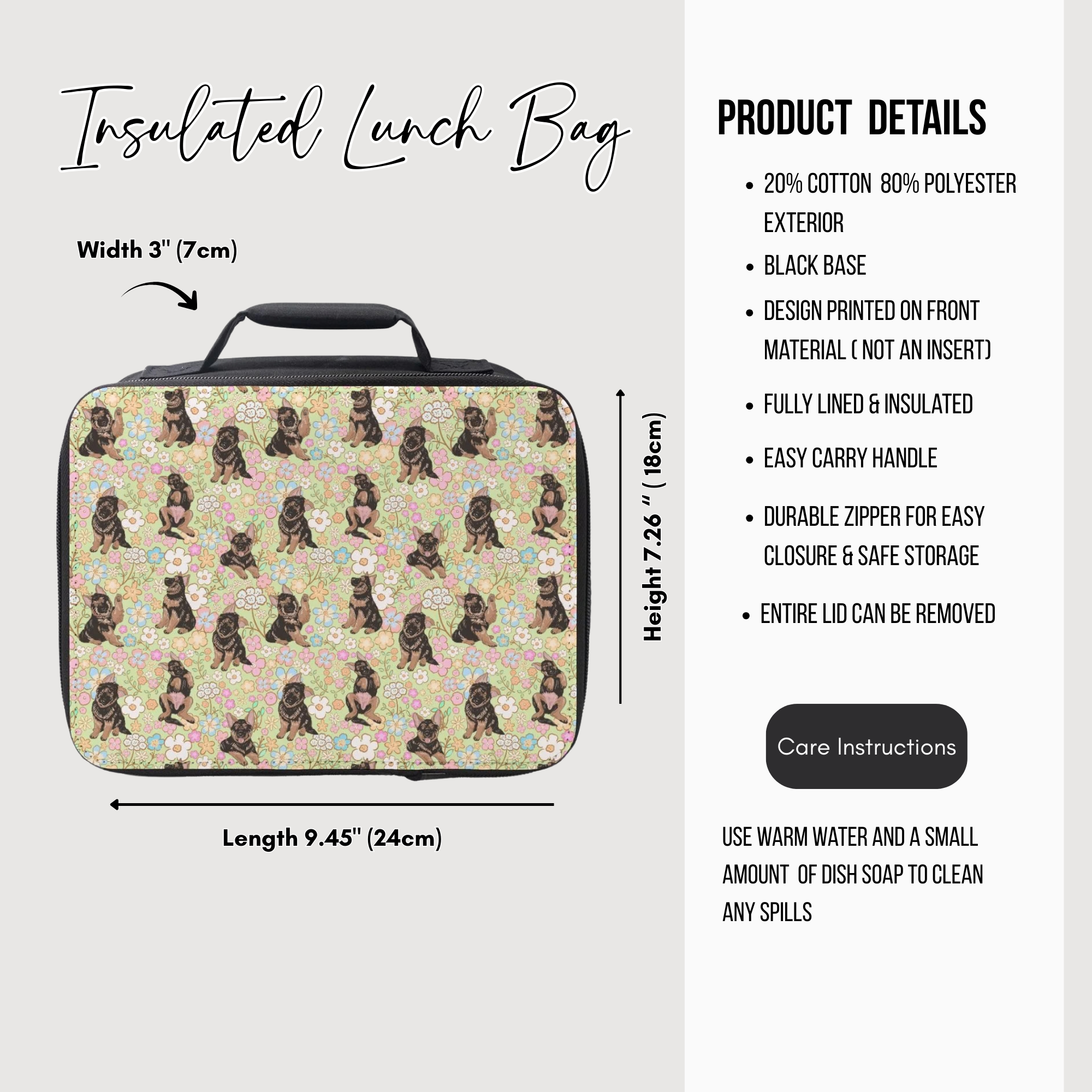 Insulated lunch bag with hand drawn German Shepard puppy dog and flowers pattern and product details on a white background