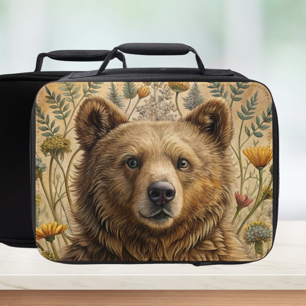 Lunch bag with bear and floral design on a counter with a blurred background