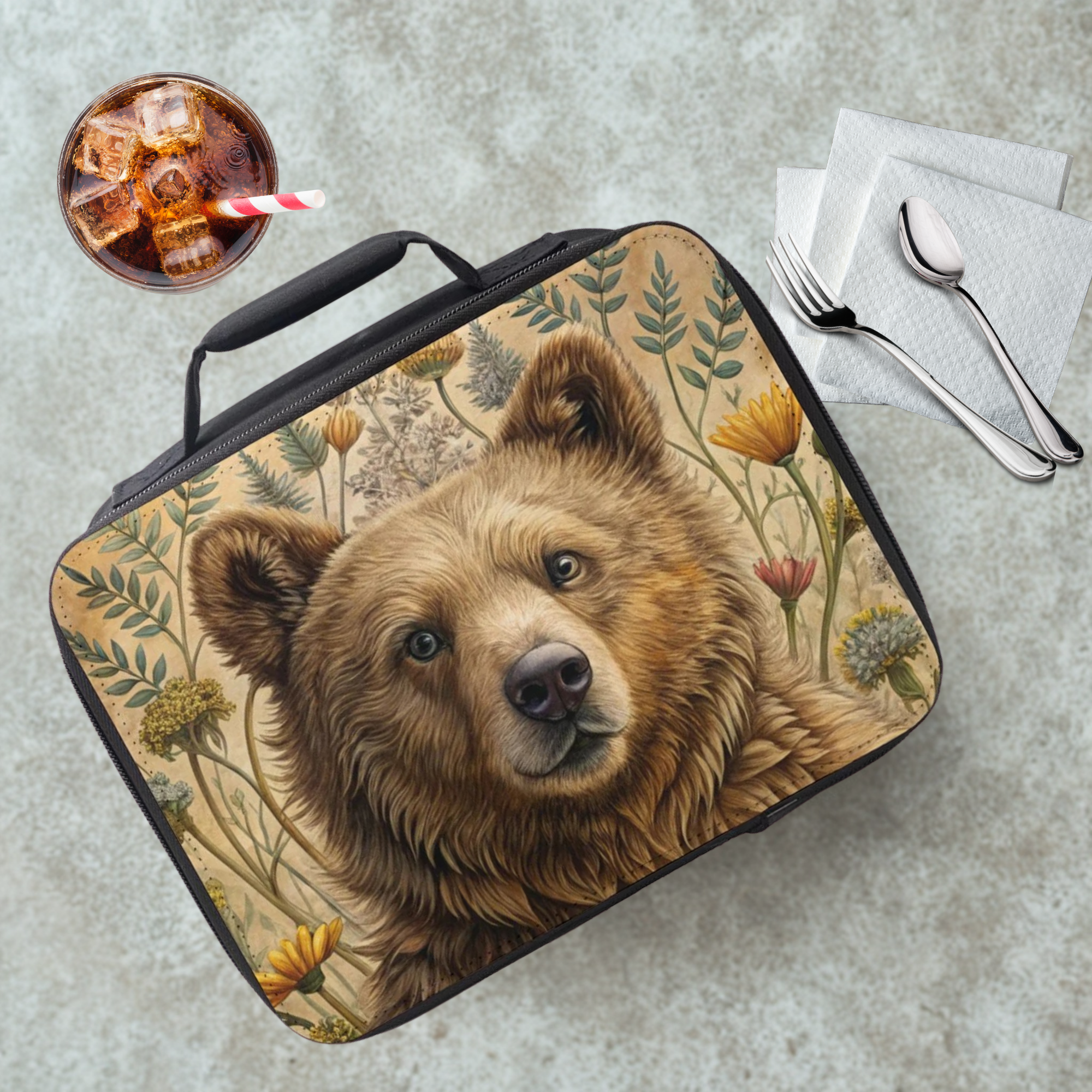 Lunch bag with bear design on a cafeteria table with a drink and utensils.