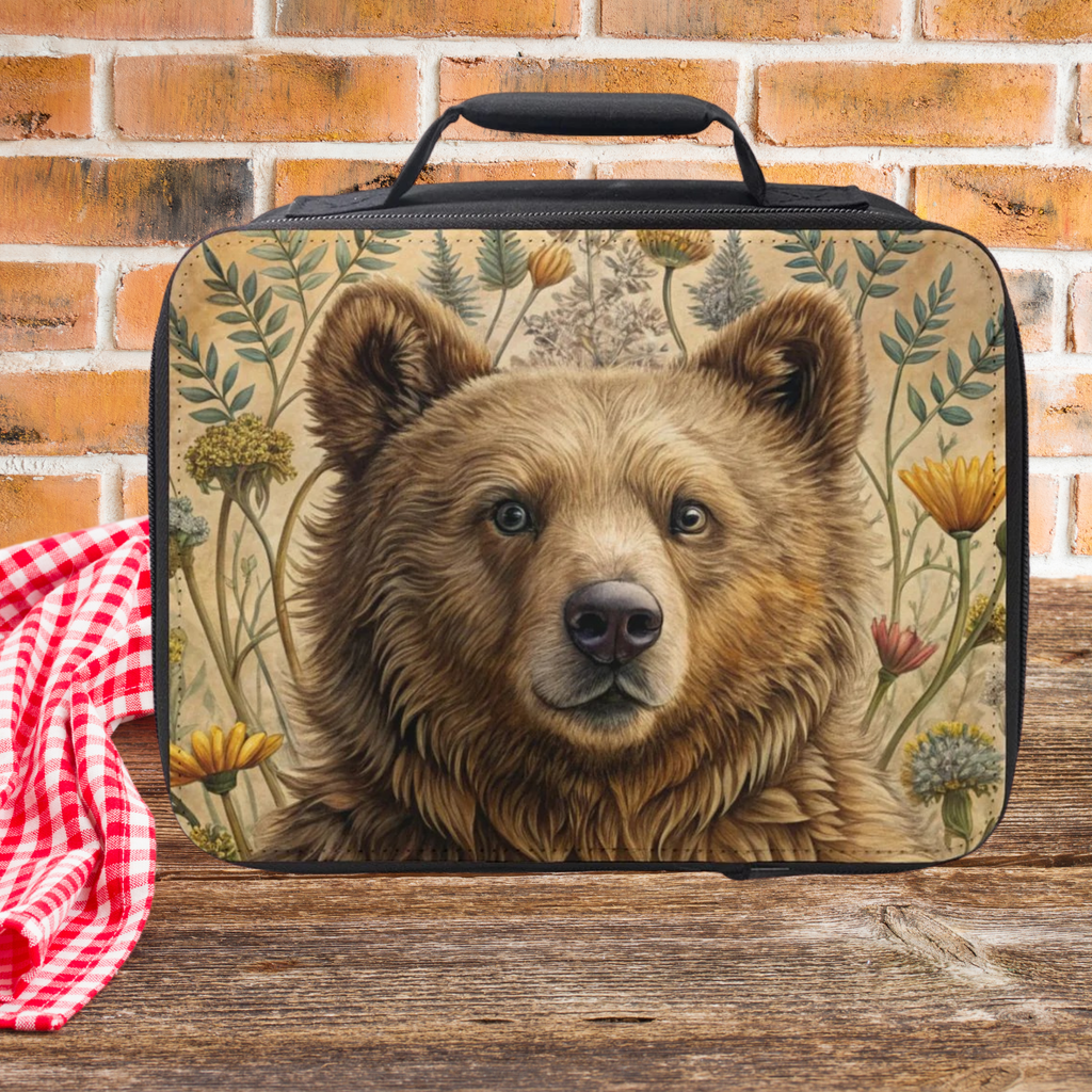 Lunch bag with bear design on a wooden picnic table and brick wall background
