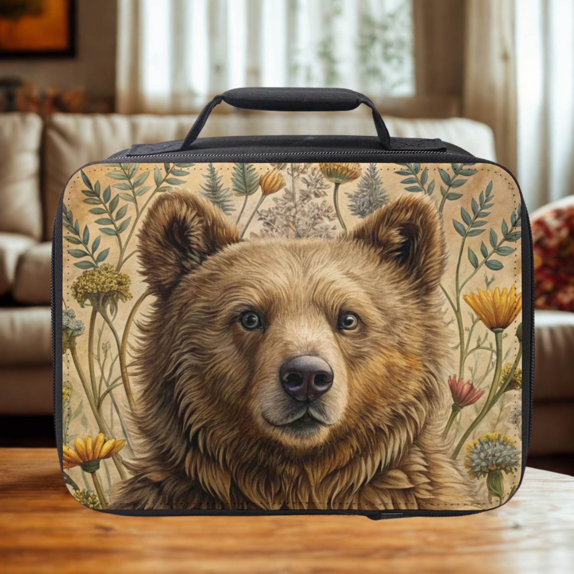 Lunch bag with bear design on a wooden coffee table in a cozy living room