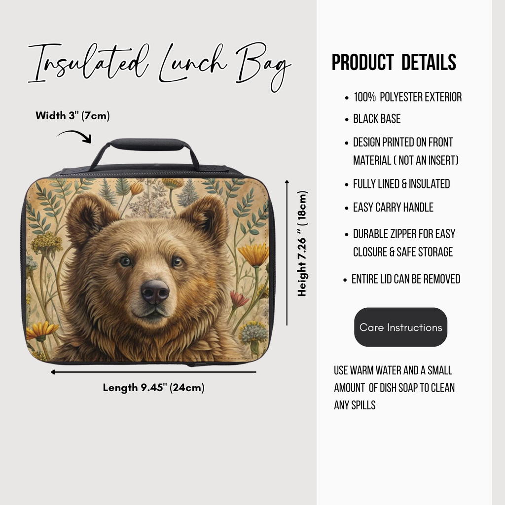 Insulated lunch bag with bear design and product details on a white background