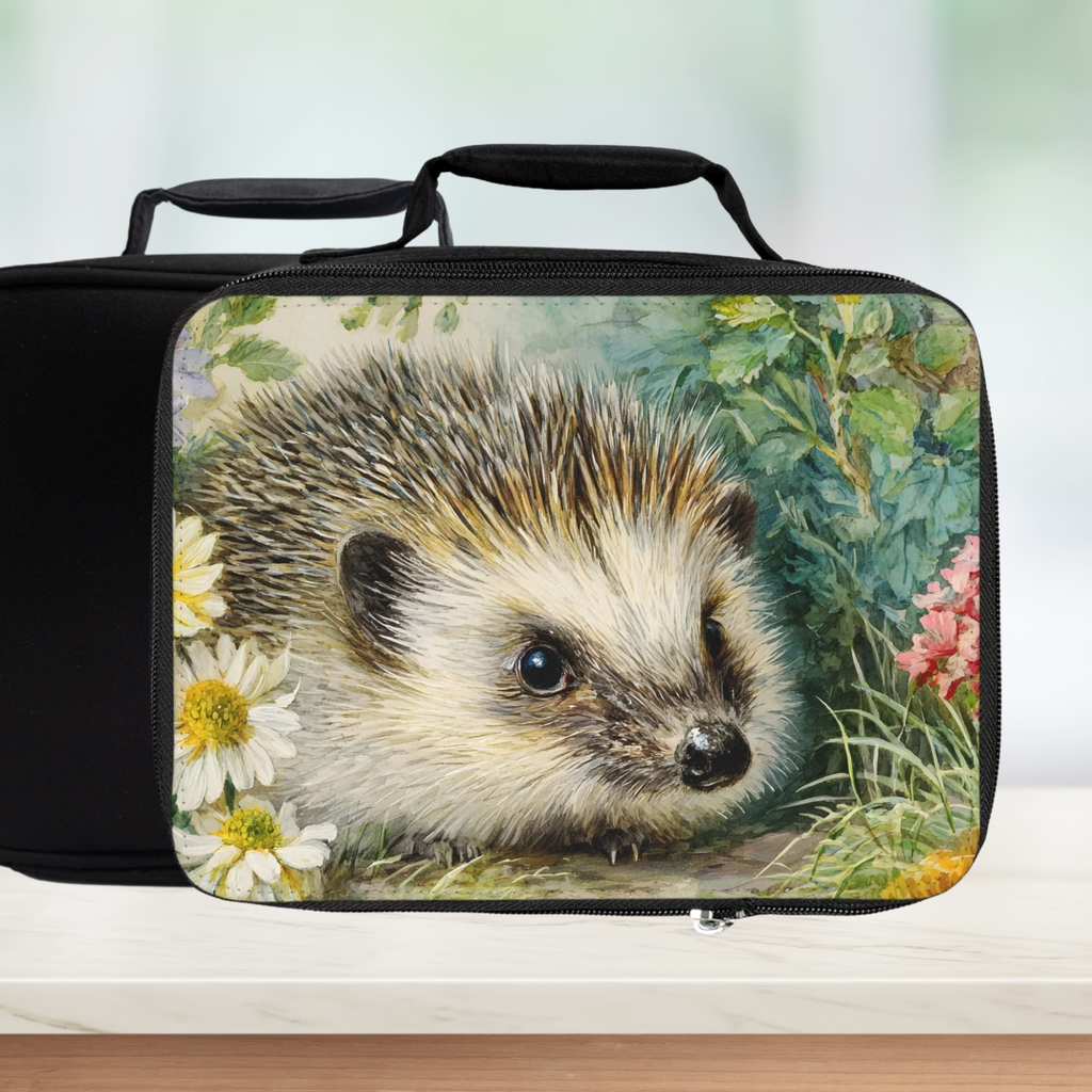  insulated lunch bag with hedgehog design on a white background