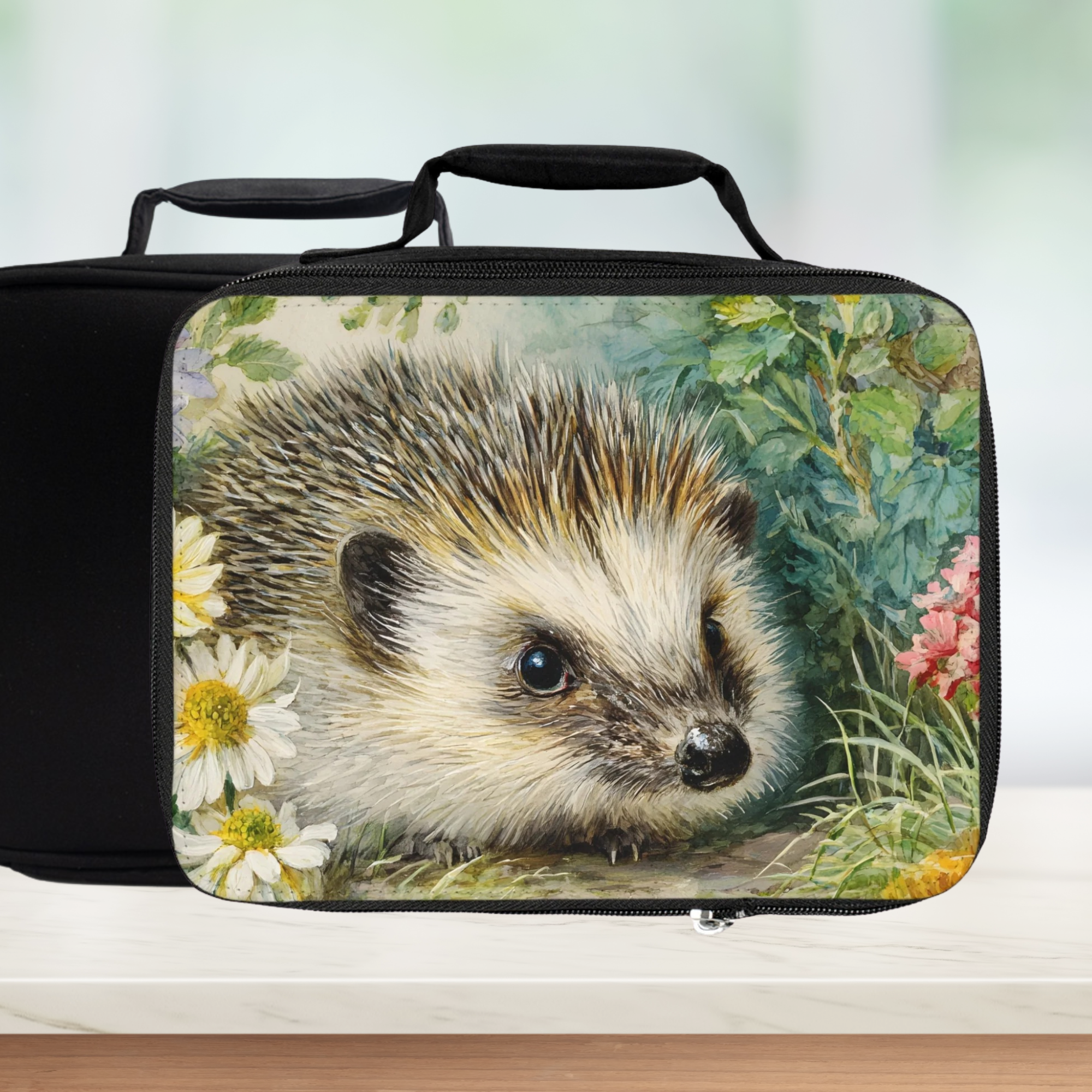  insulated lunch bag with hedgehog design on a white background